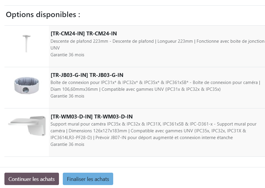 Options d'accessoires compatibles automatiquement proposées pour les caméras de vidéoprotection UNV sur le site ecare