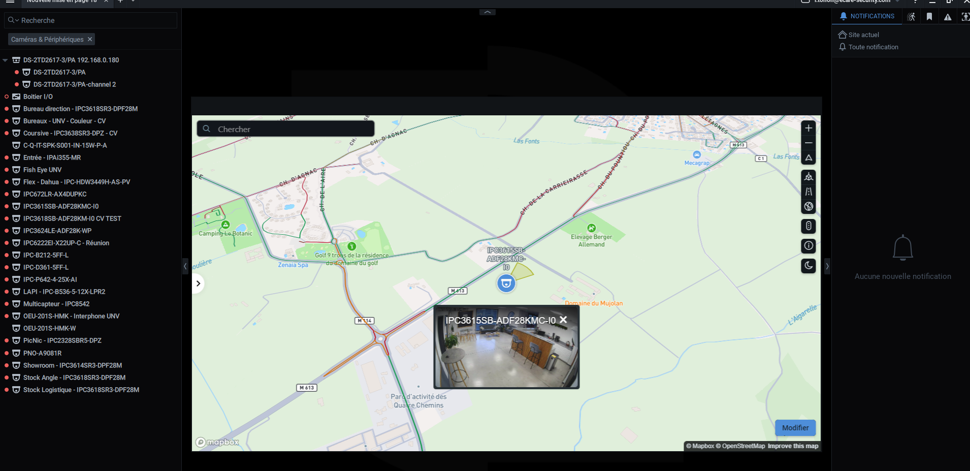 Vue cartographique Nx Maps affichant les caméras d'un site positionnées sur un fond de plan