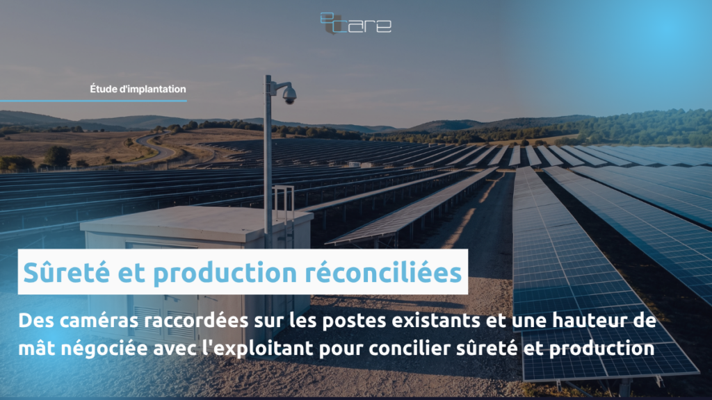 Poste de transformation d'une centrale photovoltaïque équipé d'un mât caméra et de son ombre portée sur les panneaux