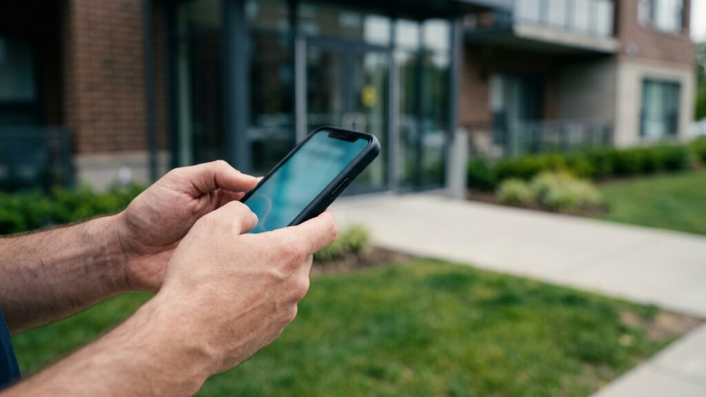 Consultation d'une application mobile de vidéoprotection au pied d'un immeuble.