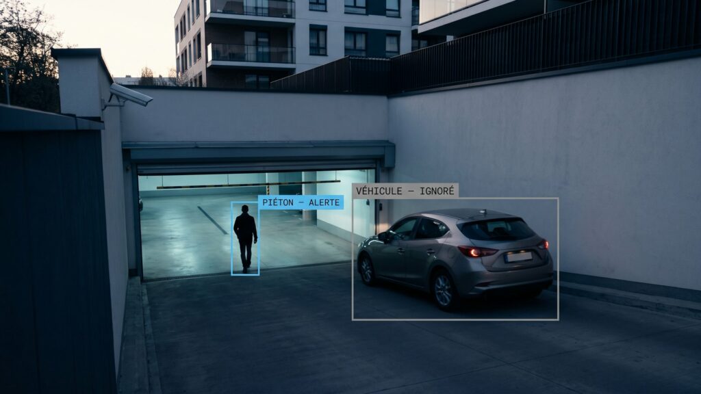Rampe de parking avec distinction entre véhicule ignoré et piéton détecté.