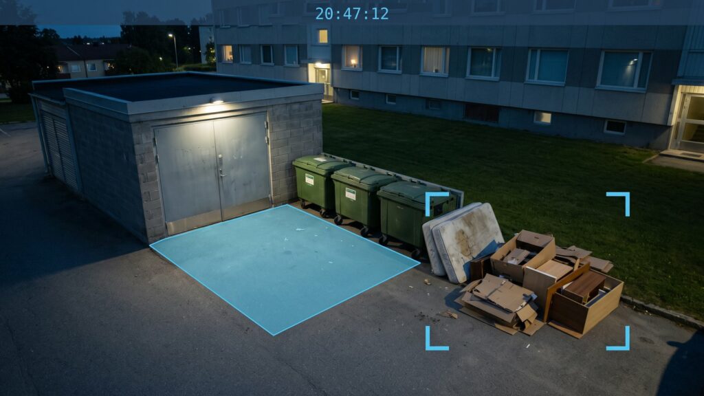 Encombrants déposés aux abords d'un local poubelles, avec zone de détection et horodatage.