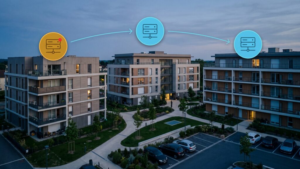 Résidence de trois bâtiments dont les serveurs se relaient automatiquement en cas de panne.