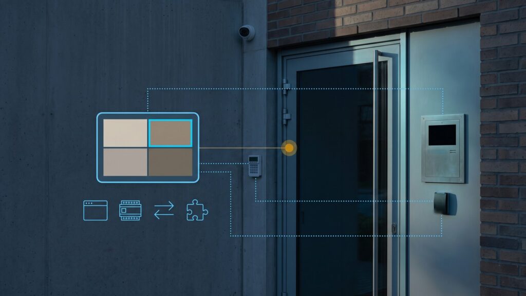 Entrée d'immeuble dont l'interphone, le contrôle d'accès et l'alarme sont reliés à l'interface vidéo.