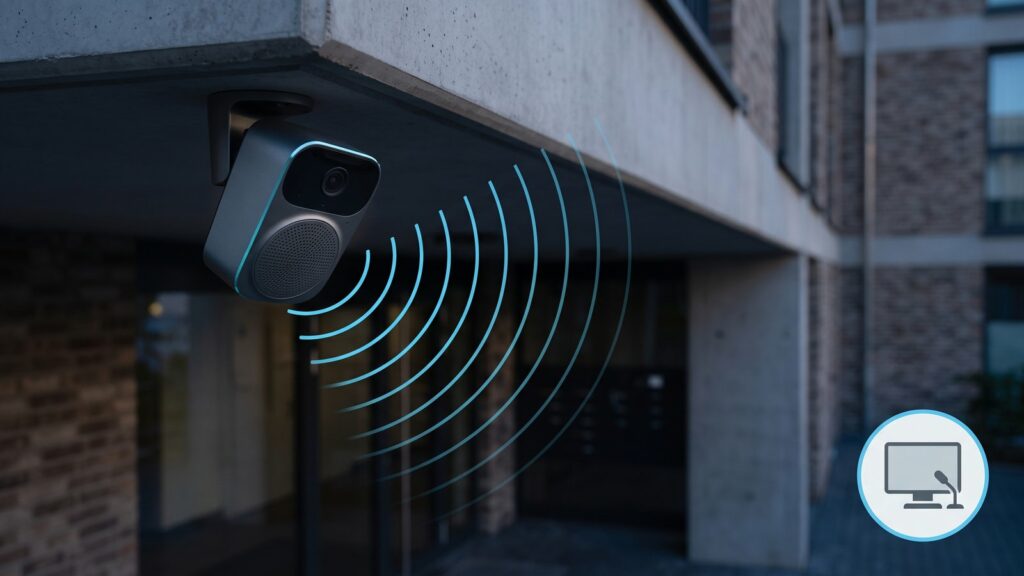 Caméra à haut-parleur intégré en façade d'immeuble et sa zone de diffusion.