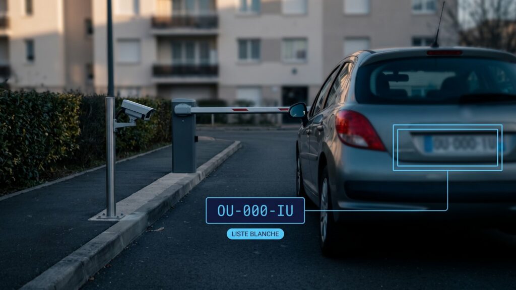 Entrée de parking résidentiel avec lecture automatisée de plaque.