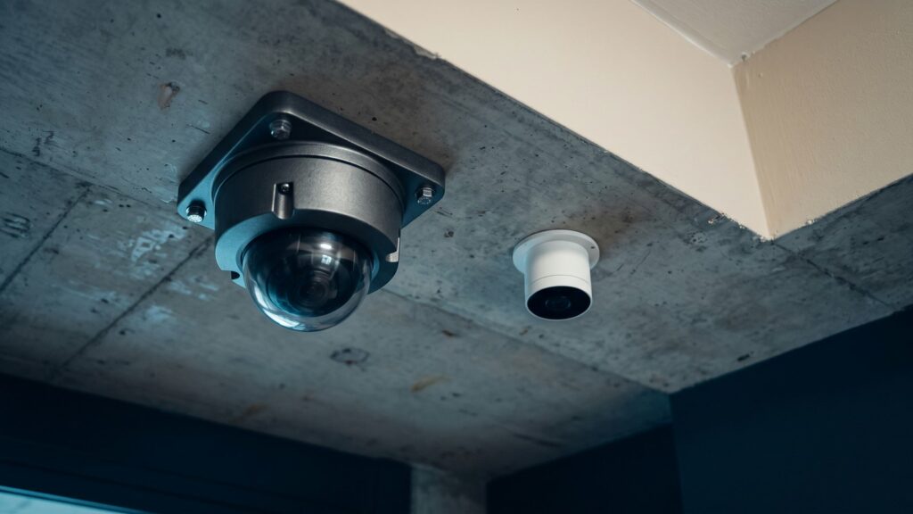 Dôme antivandalisme et caméra compacte discrète installés dans un hall d'immeuble.
