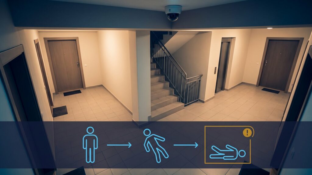 Palier d'immeuble sous vidéoprotection avec détection automatique de chute.