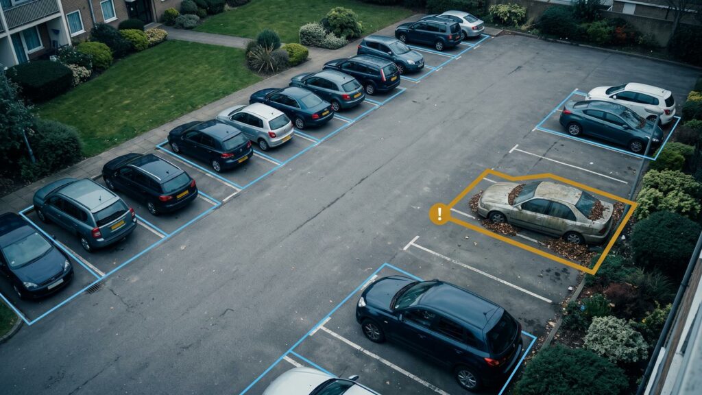 Parking de résidence avec véhicule en stationnement prolongé signalé.
