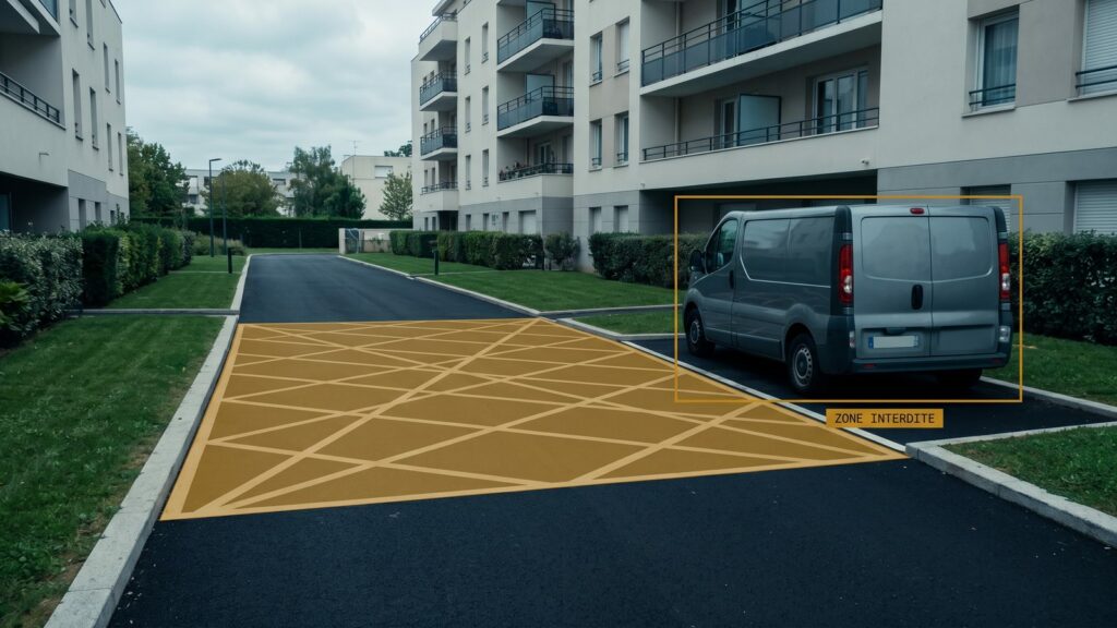 Voie d'accès pompiers avec véhicule en stationnement gênant signalé.