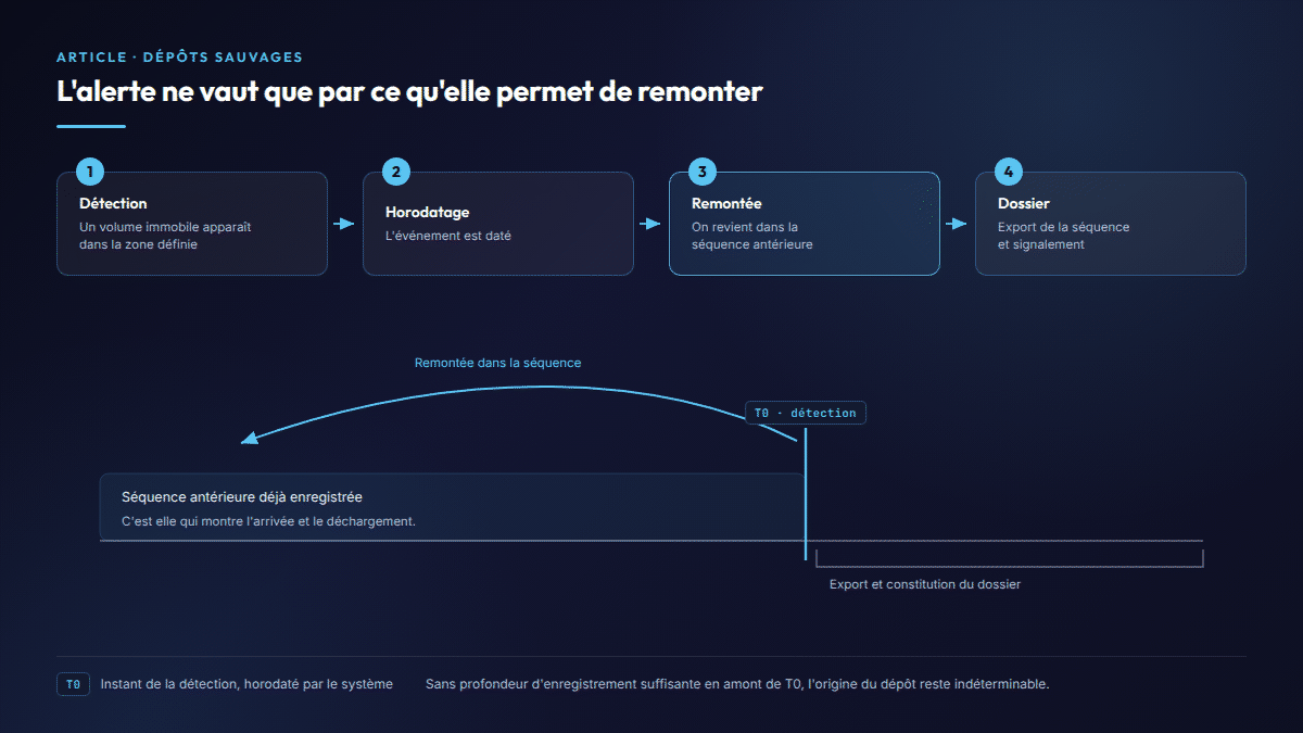 Chaîne d'exploitation d'un dépôt détecté : détection, horodatage, remontée dans la séquence antérieure, constitution du dossier.