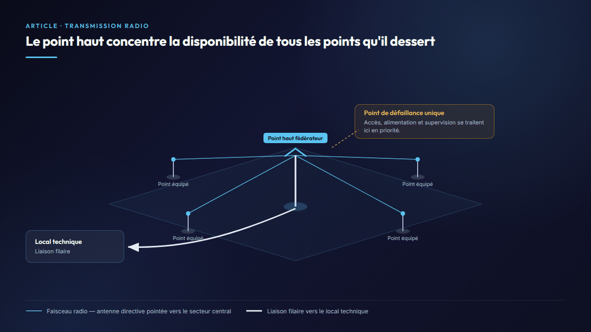 Vue axonométrique d'un site étendu desservi par un point haut fédérateur relié à quatre points en liaison radio.